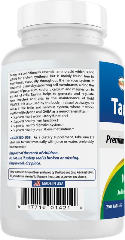 Best Naturals Taurine 1000mg, 250 Tablets (Pack of 2)