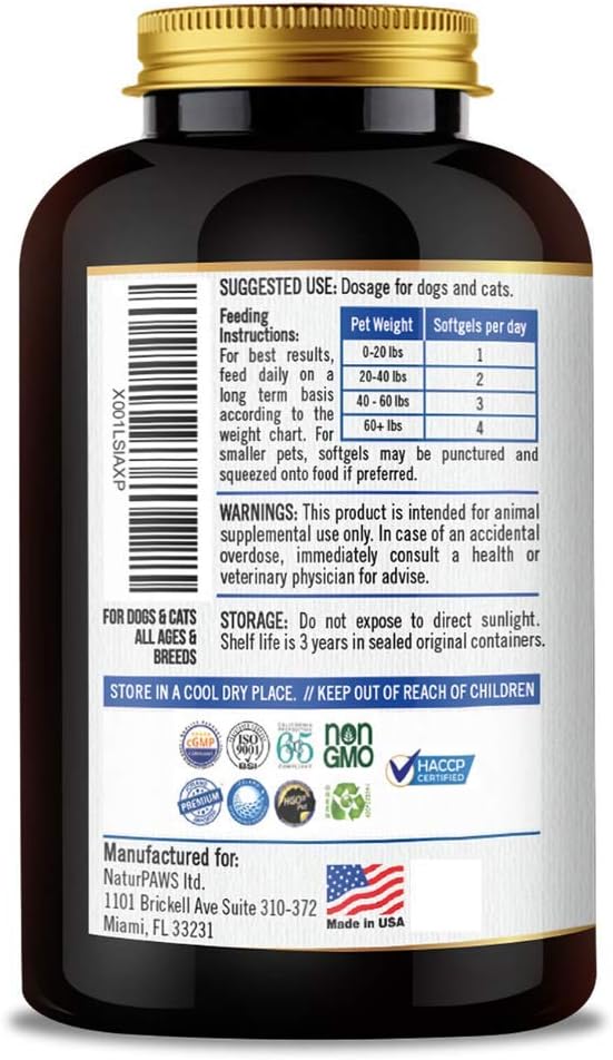 NaturPAWS Omega-3 Fish Oil Food Supplement for Dogs and Cats – 1000 mg Pure DHA and EPA Omega-3s – 180 Softgels - görsel 4