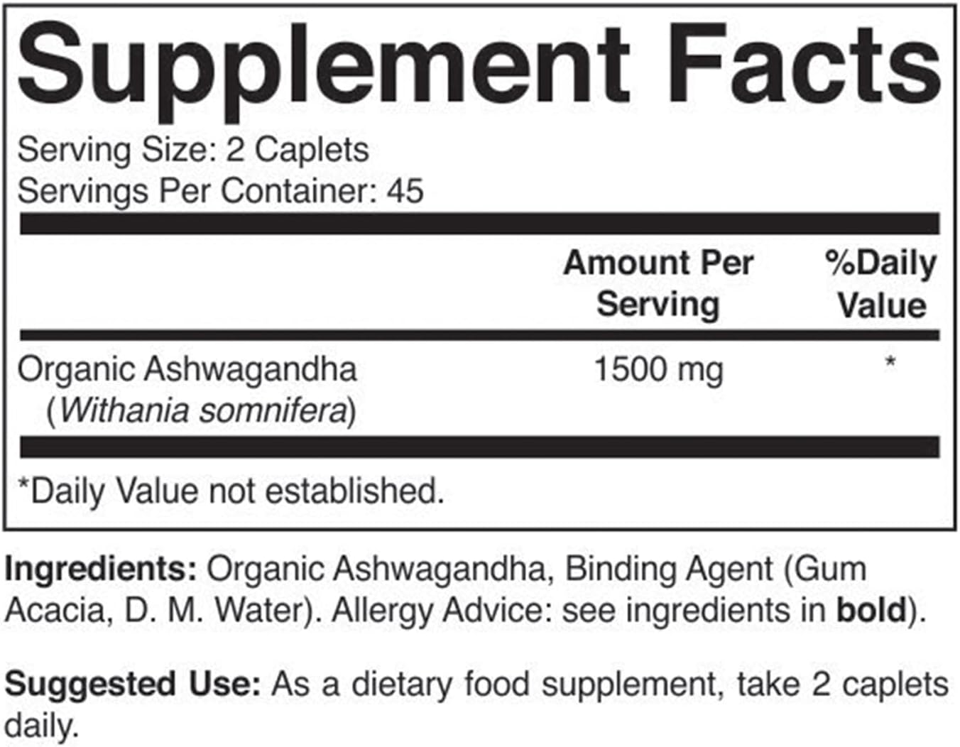 Organic Ashwagandha 1500mg, 45 Servings, Vegetarian, Gluten-free, 90 Vegetarian Tablets - görsel 3