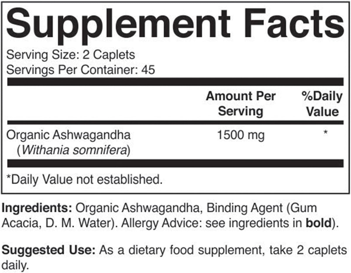 Organic Ashwagandha 1500mg, 45 Servings, Vegetarian, Gluten-free, 90 Vegetarian Tablets - görsel 3