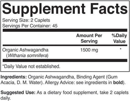 Organic Ashwagandha 1500mg, 45 Servings, Vegetarian, Gluten-free, 90 Vegetarian Tablets