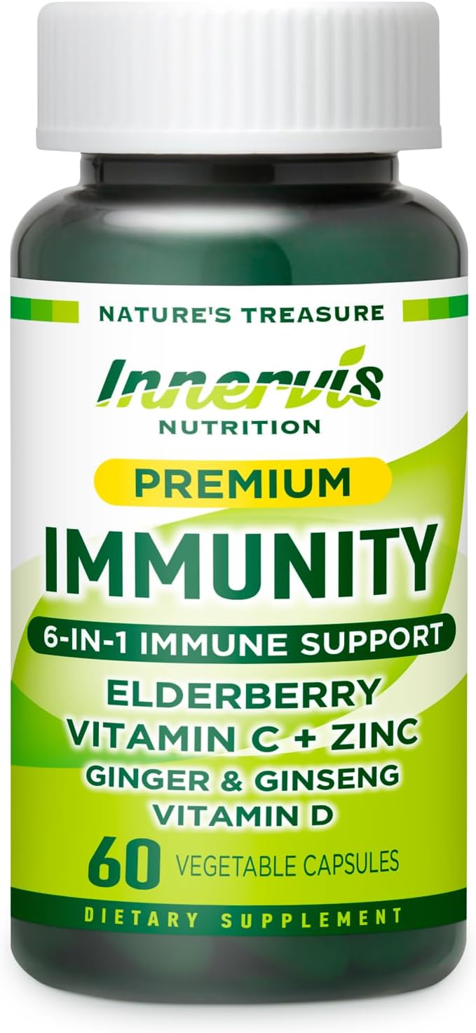 Immune Support 6-in-1 – Elderberry, Ginger, Korean Ginseng, Vitamin C 500mg, Vitamin D3 62.5μg, Zinc – Vegan Capsules – 30 Count - görsel 1