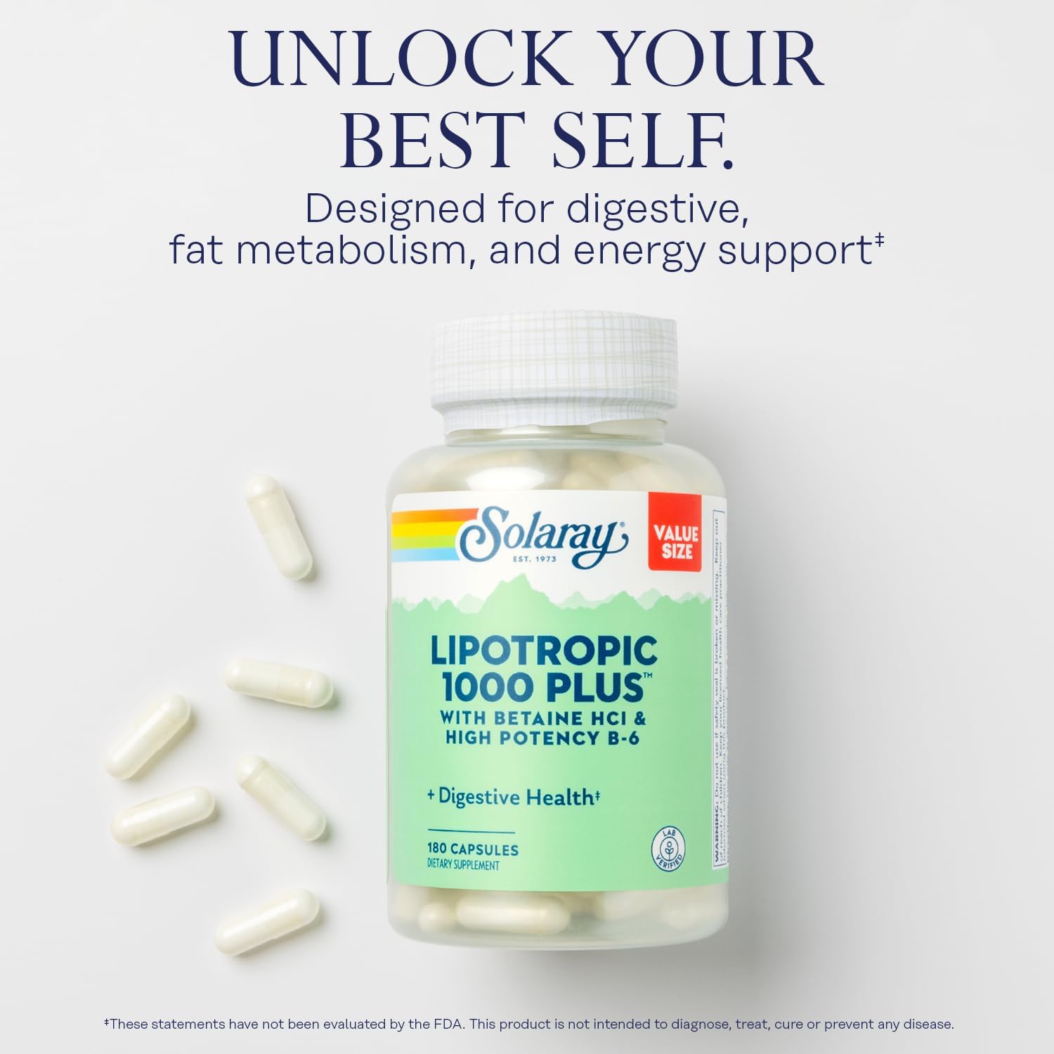 SOLARAY Lipotropic 1000 Plus – Digestive, Energy & Fat Metabolism Support with Betaine HCl and Vitamin B-6 (180 Capsules) - görsel 3