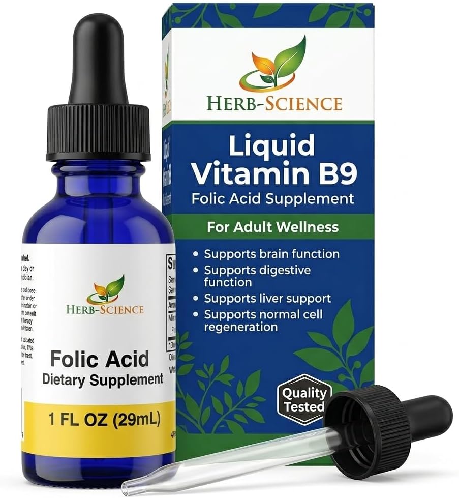 Herb-Science Liquid Vitamin B9 Folic Acid Supplement – Supports Normal Homocysteine Metabolism, Psychological Function & Reduces Tiredness – Vegan, Non-GMO – 30 ml - görsel 1