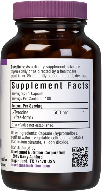 Bluebonnet L-Tyrosine 500 mg, 100 Vegan Capsules - Free-Form Amino Acid Food Supplement