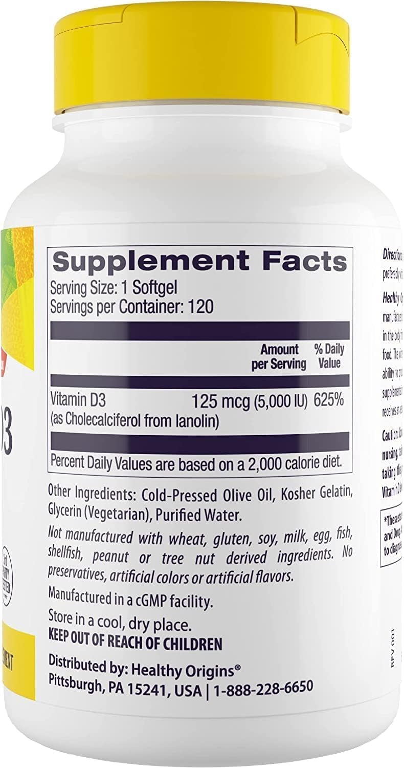 Healthy Origins Vitamin D3 5,000 IU – High Potency Softgels for Immune & Bone Support, Non-GM, Gluten Free, 120 Count - görsel 2