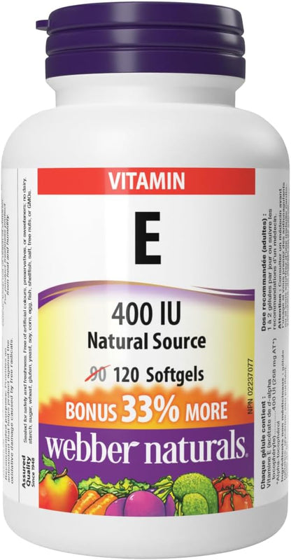 Webber Naturals Vitamin E Natural Source Soft gel capsule, 400 IU, 120 Softgels
