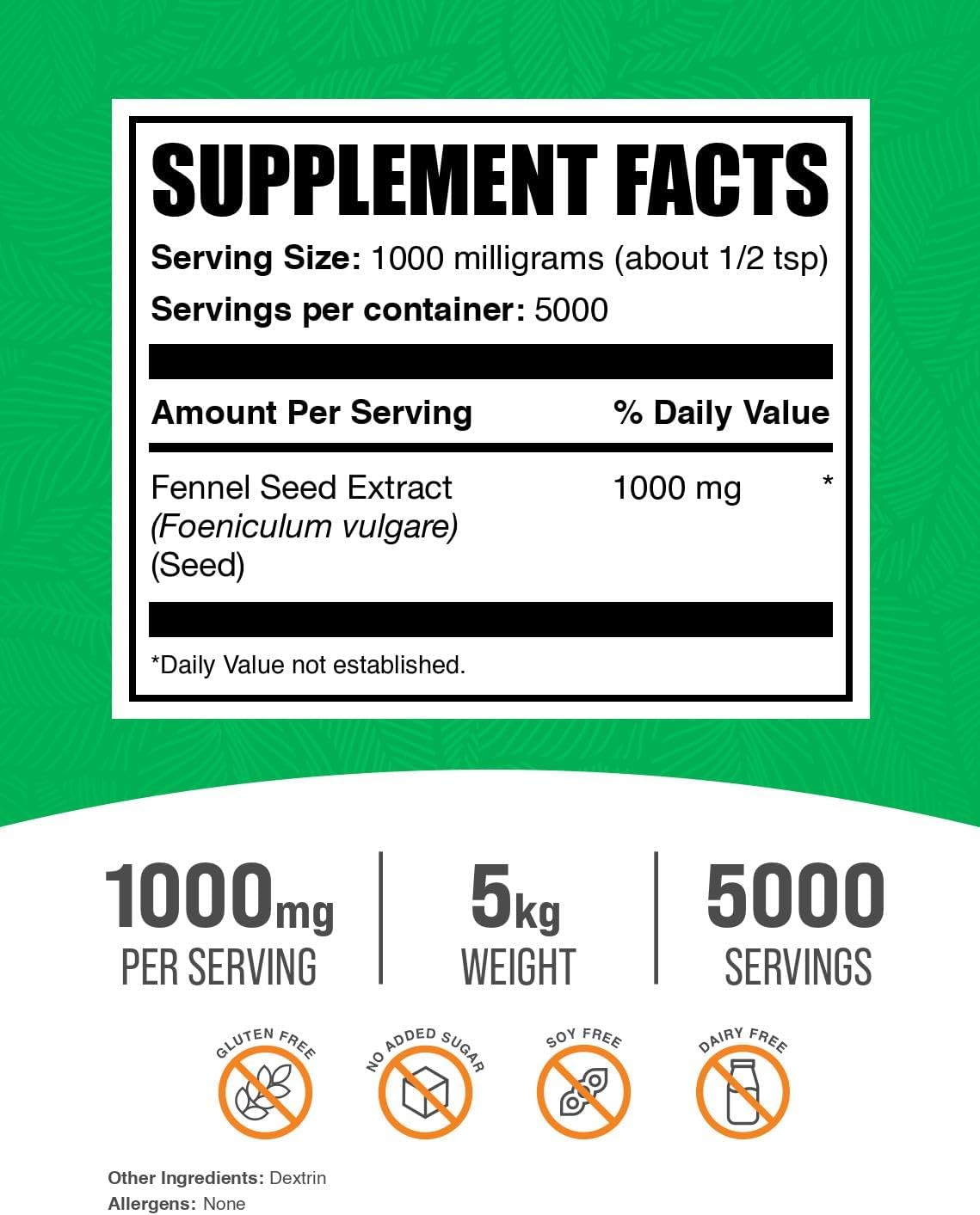 BulkSupplements.com Fennel Extract Powder - 1000mg per Serving, 5 kg - görsel 2