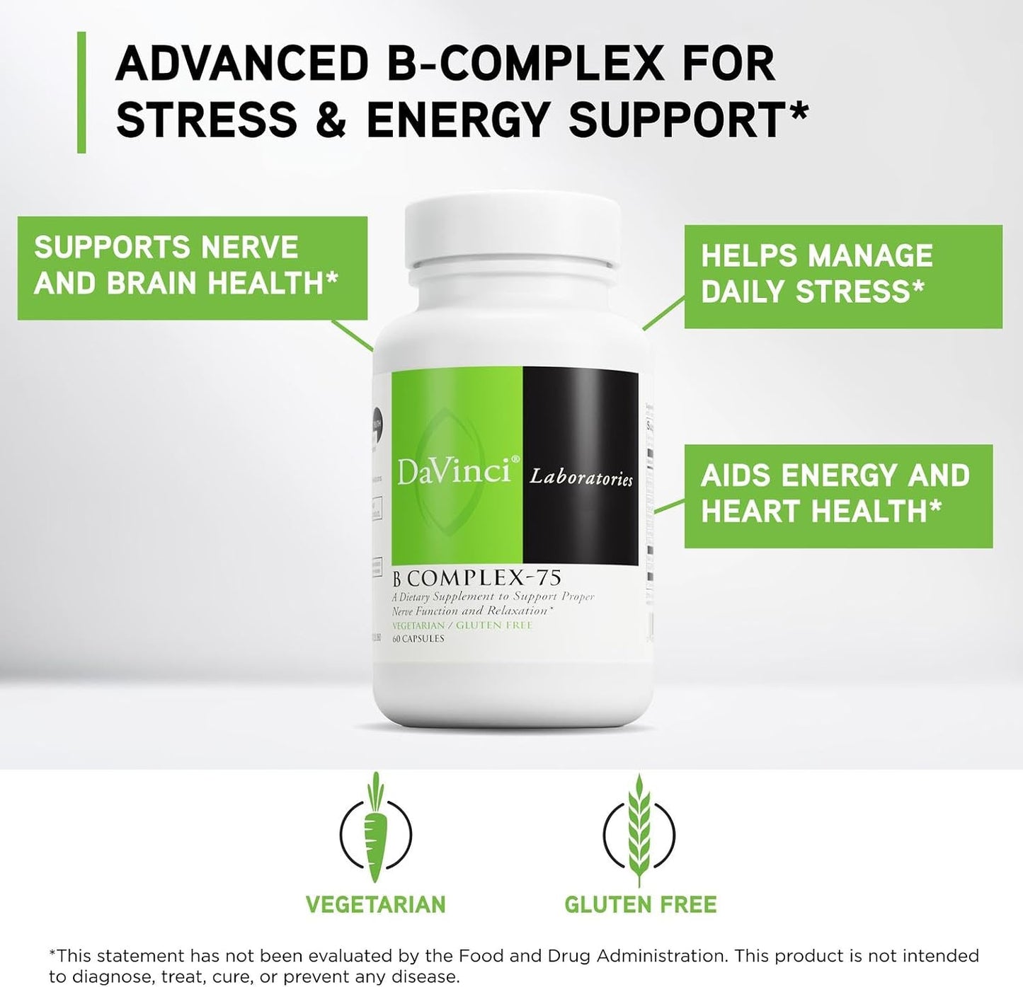 DAVINCI Labs B Complex-75 - Aids Relaxation and Normal Nerve Function* - Food Supplement with 11 B Vitamins - Vegetarian - Gluten-Free - 60 Capsules - görsel 3