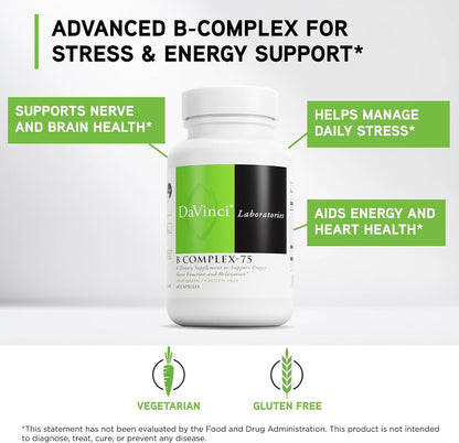 DAVINCI Labs B Complex-75 - Aids Relaxation and Normal Nerve Function* - Food Supplement with 11 B Vitamins - Vegetarian - Gluten-Free - 60 Capsules