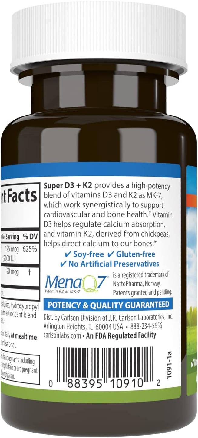 Carlson Super D3 + K2, 5000 IU Vitamin D3 & 90 mcg Vitamin K2 MK-7 – 45 Vegetarian Capsules - görsel 3