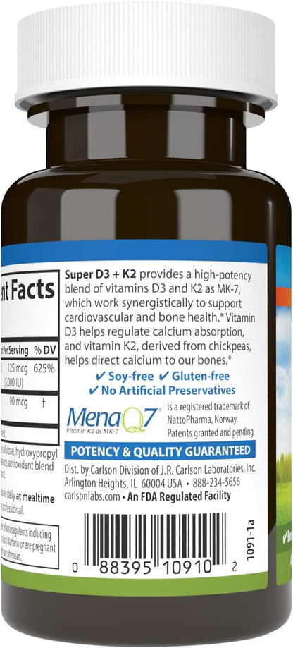 Carlson Super D3 + K2, 5000 IU Vitamin D3 & 90 mcg Vitamin K2 MK-7 – 45 Vegetarian Capsules