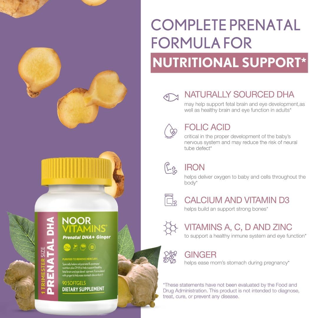 Noor Vitamins Halal Prenatal Vitamins with DHA and Folic Acid, Ginger, Iron, Soft gel capsules, 3 Months Supply - görsel 3