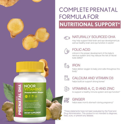 Noor Vitamins Halal Prenatal Vitamins with DHA and Folic Acid, Ginger, Iron, Soft gel capsules, 3 Months Supply