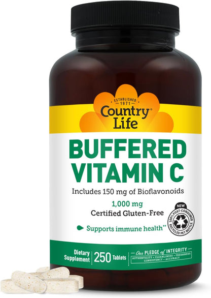 Country Life Buffered Vitamin C 1000mg with Bioflavonoids, Calcium, Magnesium, Potassium - Immune Support, Vegan, Gluten-Free - 250 Tablets