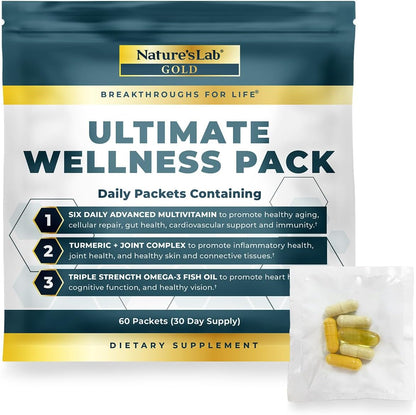 Nature's Lab Daily Vitamin Packs for Men & Women - Multivitamin + Triple Strength Omega-3 Fish Oil + Turmeric Joint Support Gold Ultimate Wellness Pack - 60 Packets