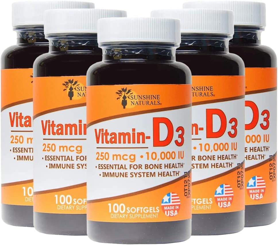 Sunshine Naturals Vitamin D3 10000 IU Food Supplement - 100 Softgels for Immune Support, Bone Health & Calcium Absorption - görsel 10