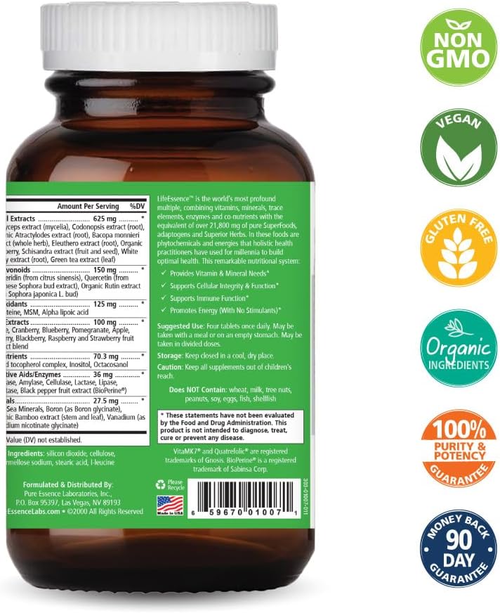 PURE ESSENCE LABS LifeEssence Multivitamin for Women and Men - Natural Herbal Supplement with Vitamin D, B12, Biotin - 120 Tablets - görsel 2