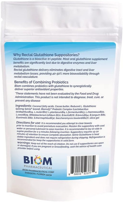 High Potency 500mg Reduced L-Glutathione (Setria Brand) + Probiotic Suppository - Bio-available Glutathione with Probiotics