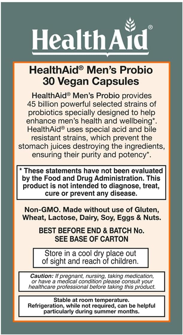HealthAid Men’s Probiotic 45 Billion CFU – 10 Strains with Prebiotic – Supports Digestive Balance & Microbiome – Once Daily, Acid & Bile Resistant, Vegan - görsel 3