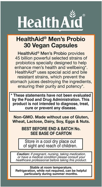 HealthAid Men’s Probiotic 45 Billion CFU – 10 Strains with Prebiotic – Supports Digestive Balance & Microbiome – Once Daily, Acid & Bile Resistant, Vegan