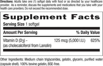 Country Life Vitamin D3 5000 IU - Supports Healthy Bones, Teeth and Immune System - 60 Softgels