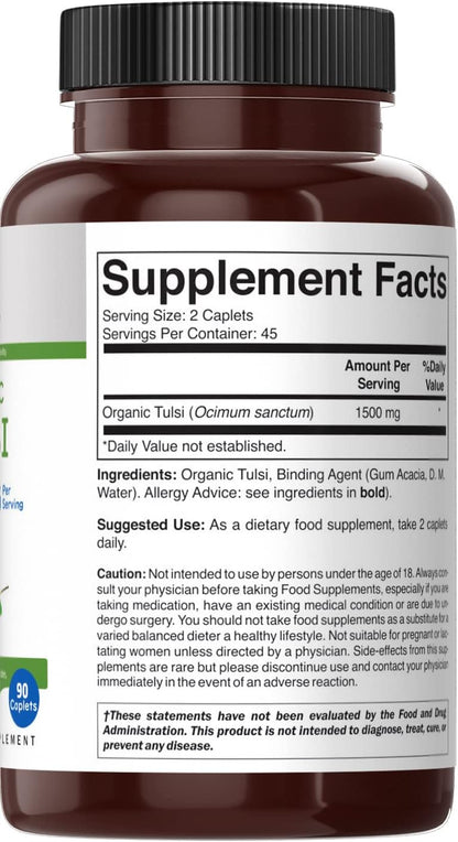 Brieofood Organic Tulsi (Holy Basil) 1500mg, 90 Vegetarian Tablets