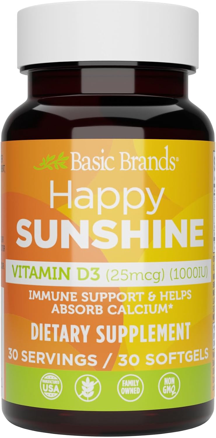 Basic Brands Happy Sunshine Vitamin D3 1000 IU (25 mcg) – Immune Support, Bone & Muscle Health – Gluten-free, Non-GMO – 30 Softgels - görsel 1