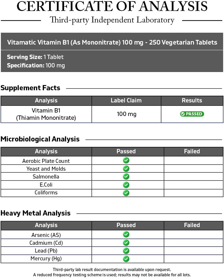 Vitamatic Vitamin B1 (Thiamine Mononitrate) 100mg, 250 Vegetarian Tablets - görsel 3