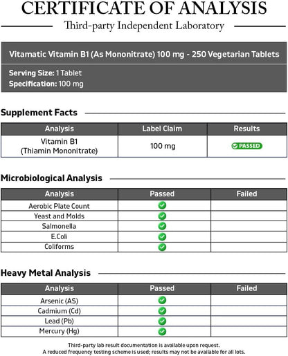 Vitamatic Vitamin B1 (Thiamine Mononitrate) 100mg, 250 Vegetarian Tablets