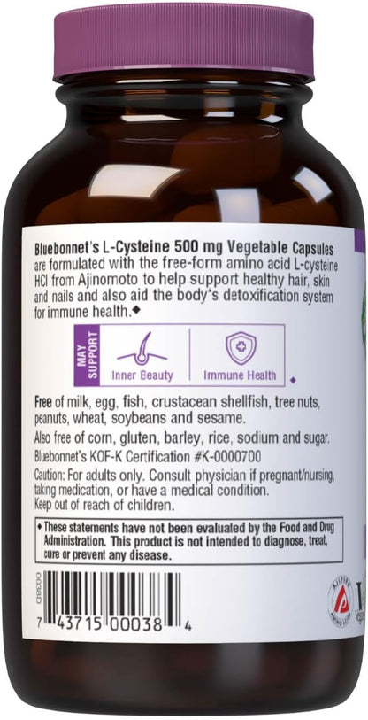 Bluebonnet Nutrition L-Cysteine 500mg, Free-Form Amino Acid – 60 Vegetable Capsules
