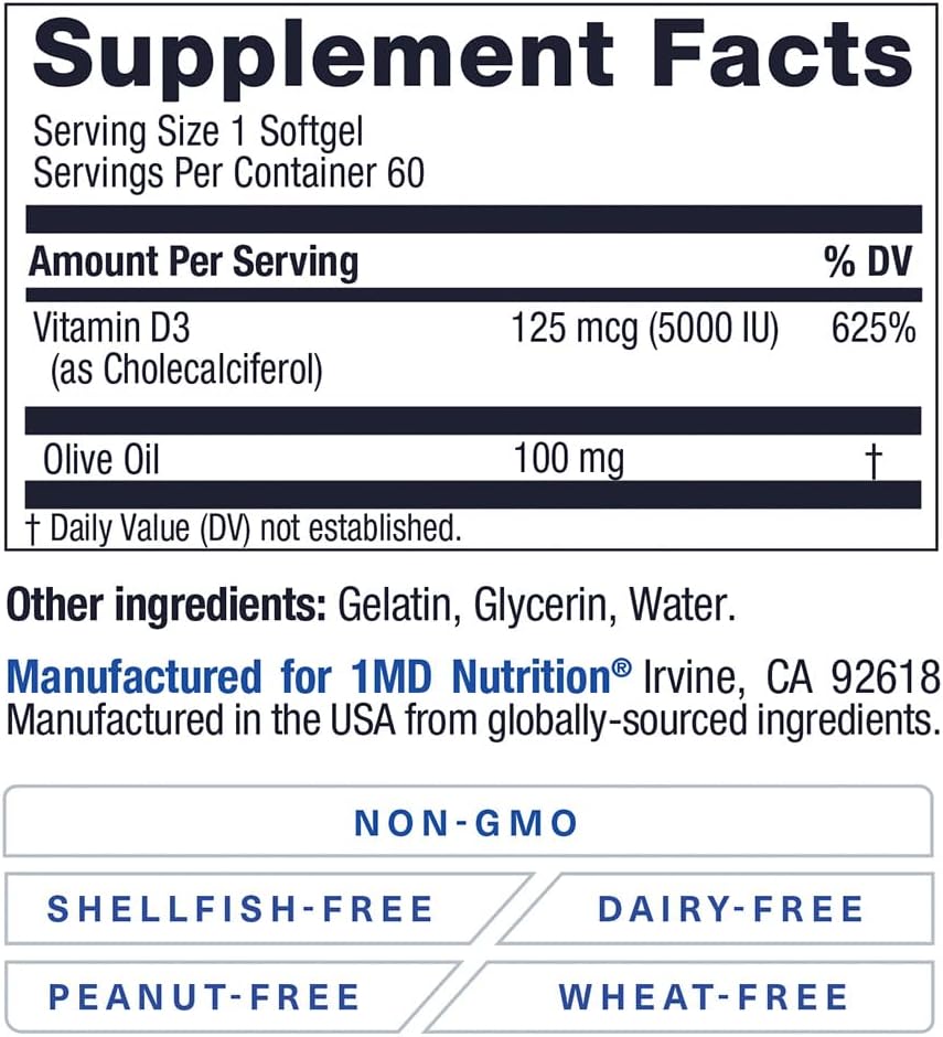 1MD Nutrition Vitamin D3 5000 IU Softgels - Bone Health, Muscle Function, and Immune Support | Non-GMO with Olive Oil | 2-Month Supply - görsel 4