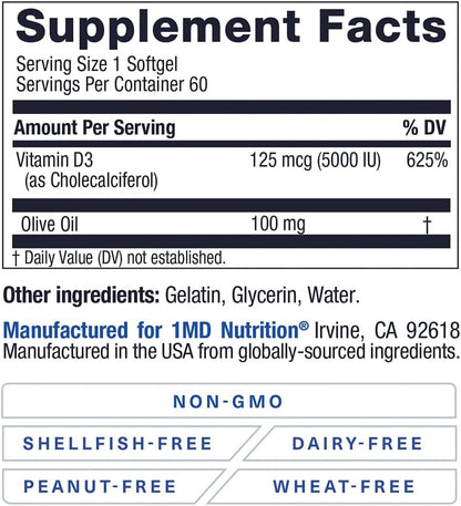 1MD Nutrition Vitamin D3 5000 IU Softgels - Bone Health, Muscle Function, and Immune Support | Non-GMO with Olive Oil | 2-Month Supply