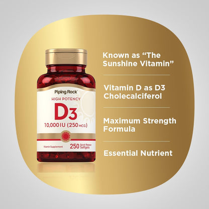 Piping Rock Vitamin D3 10,000 IU | 250 mcg | 250 Softgels | High Potency | Non-GM & Gluten-free Supplement