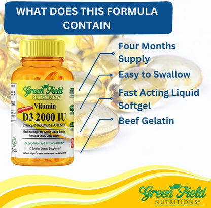 Greenfield Nutritions Halal Vitamin D3 2000 IU Softgels, 120 Count