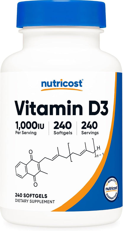 Nutricost Vitamin D3 1000 IU Softgels, 240 Softgels - Non-GMO & Gluten-Free