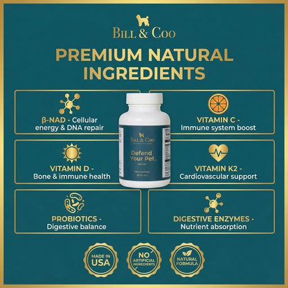 BILL & COO Defend Your Pet β-NAD Supplement for Senior Dogs – Advanced Cellular Anti-Ageing with Vitamins C, D, K2, Probiotics & Digestive Enzymes (105g)