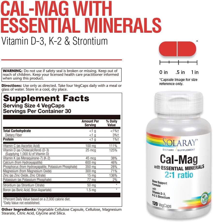 Solaray Cal-Mag with Essential Minerals - 120 Vegan Capsules – Image 3