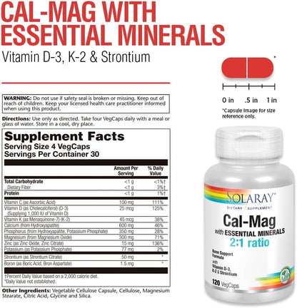 Solaray Cal-Mag with Essential Minerals - 120 Vegan Capsules – Image 3