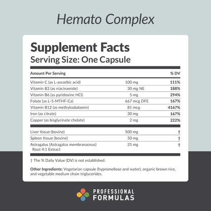 Professional Formulae Hemato Complex – Blood Support Supplement with Liver & Spleen Glandulars, Iron, B Vitamins, Folate & Astragalus – 60 Capsules