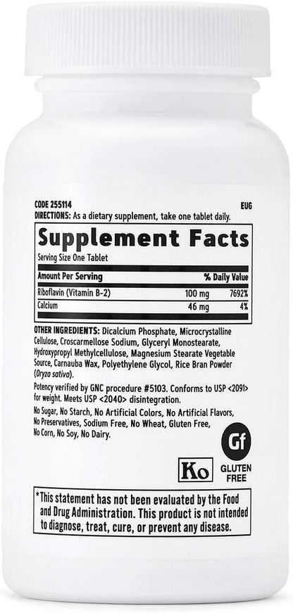 GNC Vitamin B2 100mg Supplement, Essential for Metabolism of Fats, Carbohydrates and Proteins, 100 Tablets
