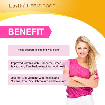 LOVITA B Complex for Women - High Potency Timed Release with Iron, Vitamin C, Cranberry, Pine Bark, Green Tea