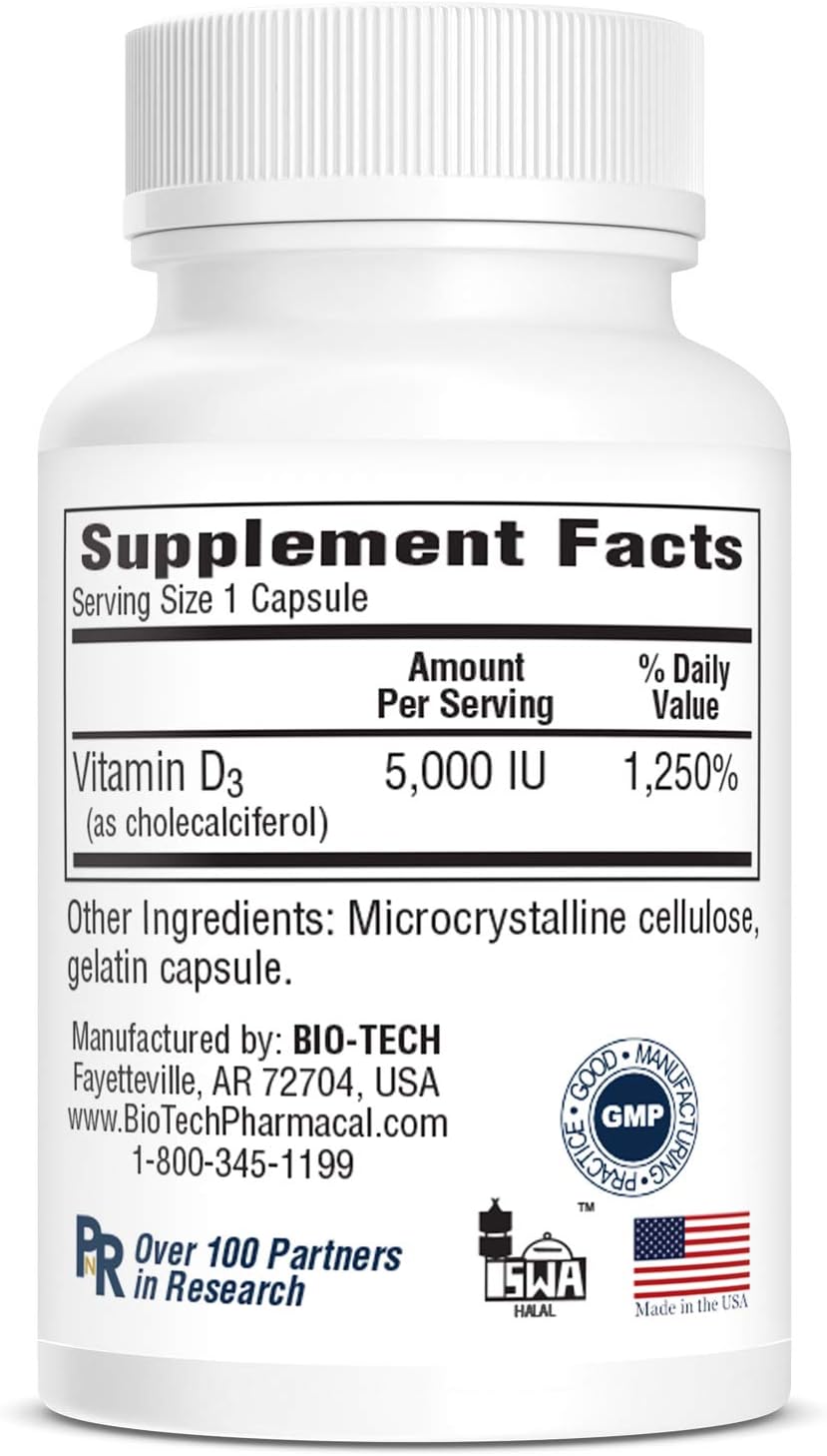 Bio-Tech Pharmacal Vitamin D Food Supplement, 5000 IU, 100 Capsules - görsel 4