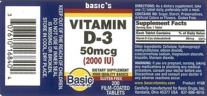 Basic Vitamins Natural Vitamin D3 2000 IU - 200 Film-Coated Tablets