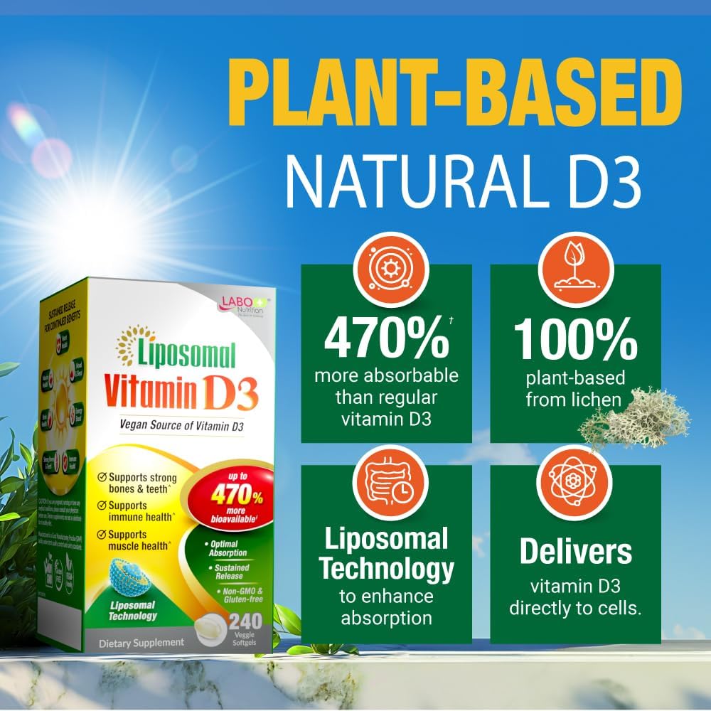 LABO Nutrition Liposomal Vitamin D3, High Potency Vegan-Sourced, 1000 IU, 240 Soft gel capsules - görsel 6
