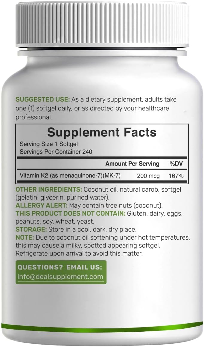 DEAL SUPPLEMENT Vitamin K2 MK-7 200mcg, 240 Softgels - Coconut Oil Base, Non-GMO - görsel 5
