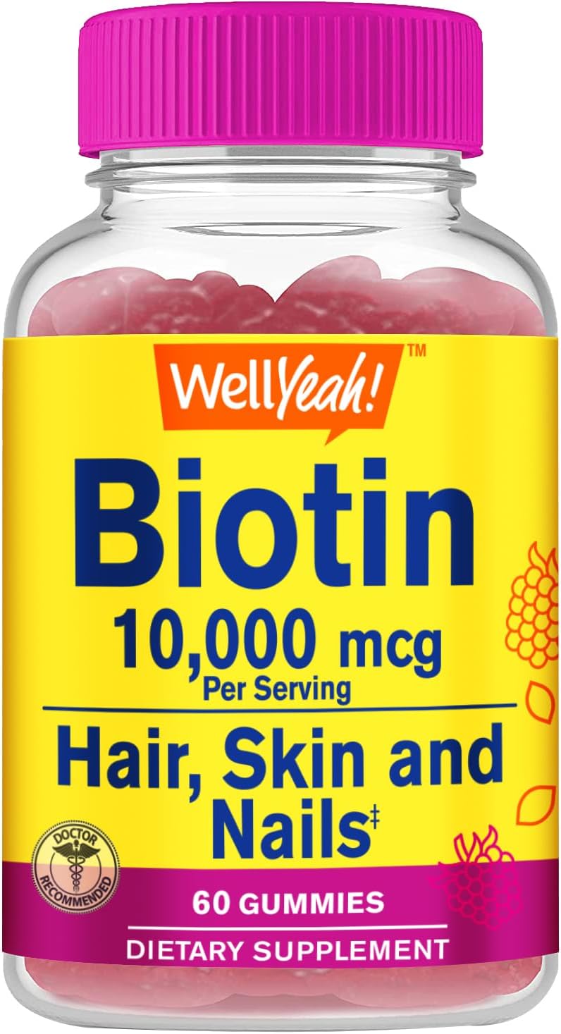 WellYeah High Potency Biotin 10,000 mcg Gummies - Hair, Skin & Nails Support - Vegan, Gluten-Free, Berry Flavour - 60 Count - görsel 1