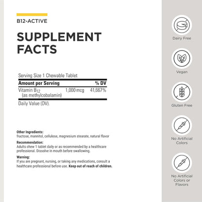 Integrative Therapeutics B-12 Active, Vitamin B12 for Normal Nervous System Function, Cherry Flavoured, 30 Chewable Tablets - 2 Pack