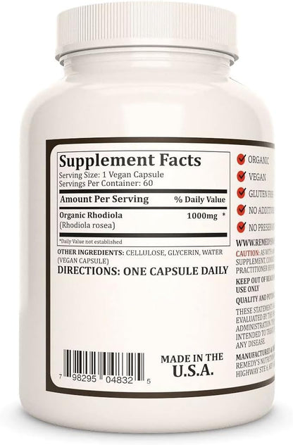 Rhodiola Rosea 1000mg, 60 Vegan Capsules - Herbal Supplement by Remedy’s Nutrition