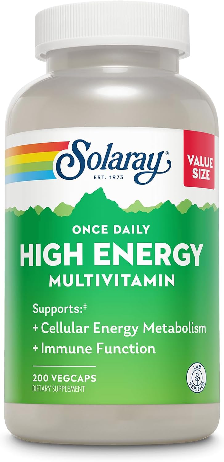 SOLARAY Once Daily High Energy Multivitamin for Women and Men – with Vitamin C, Vitamin D and Whole Food & Herb Base – Cellular Energy Metabolism & Immune Function Support – 200 Servings, 200 Veg Capsules - görsel 1